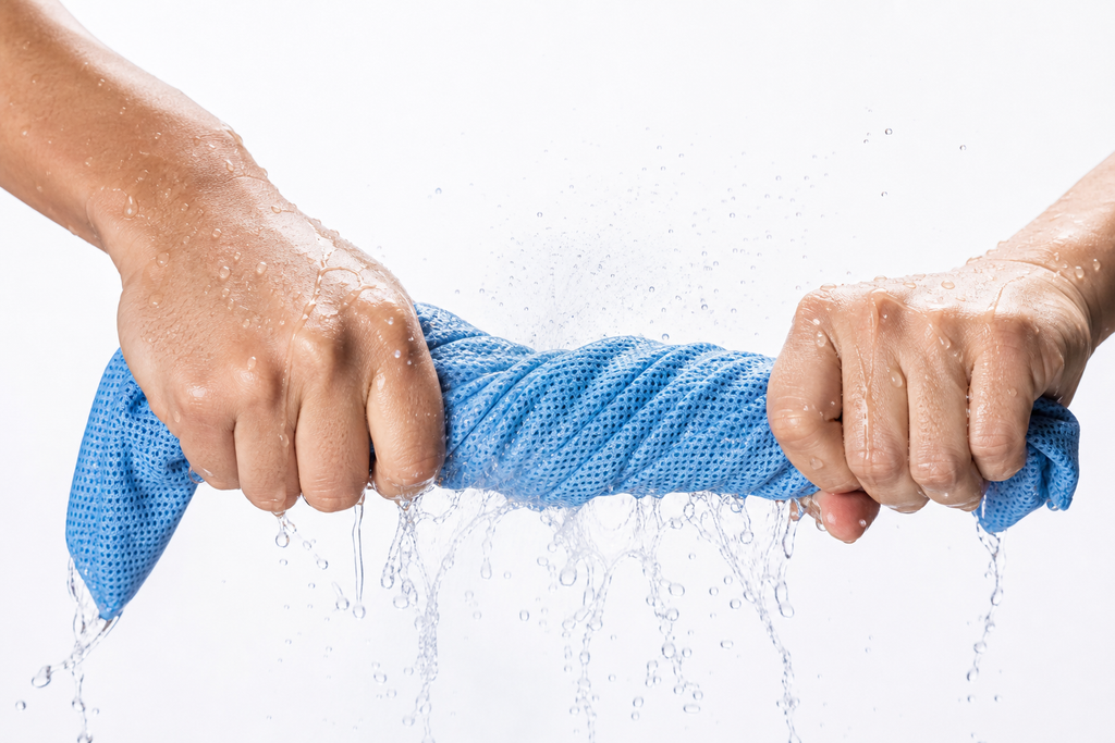 Instant cool — wet, wring, snap cooling towel