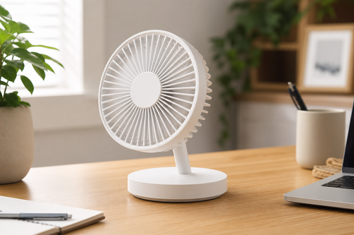 BreezeLab quiet USB desk fan on modern home office desk