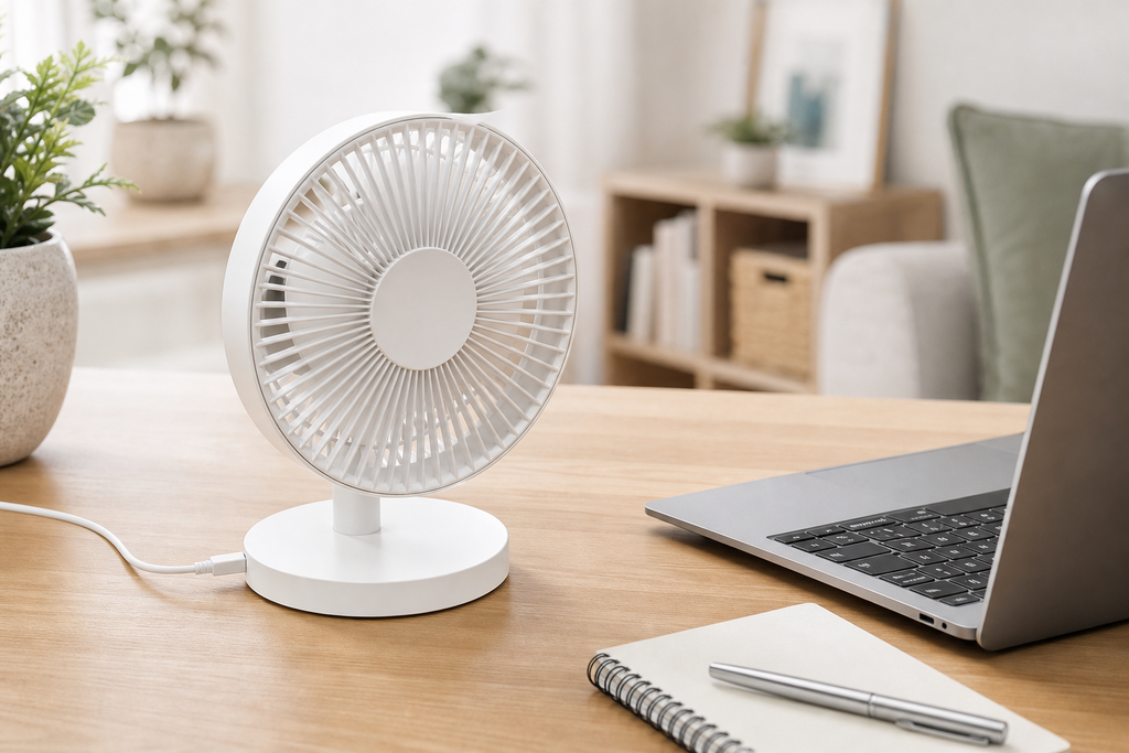 BreezeLab desk fan on home office desk with laptop