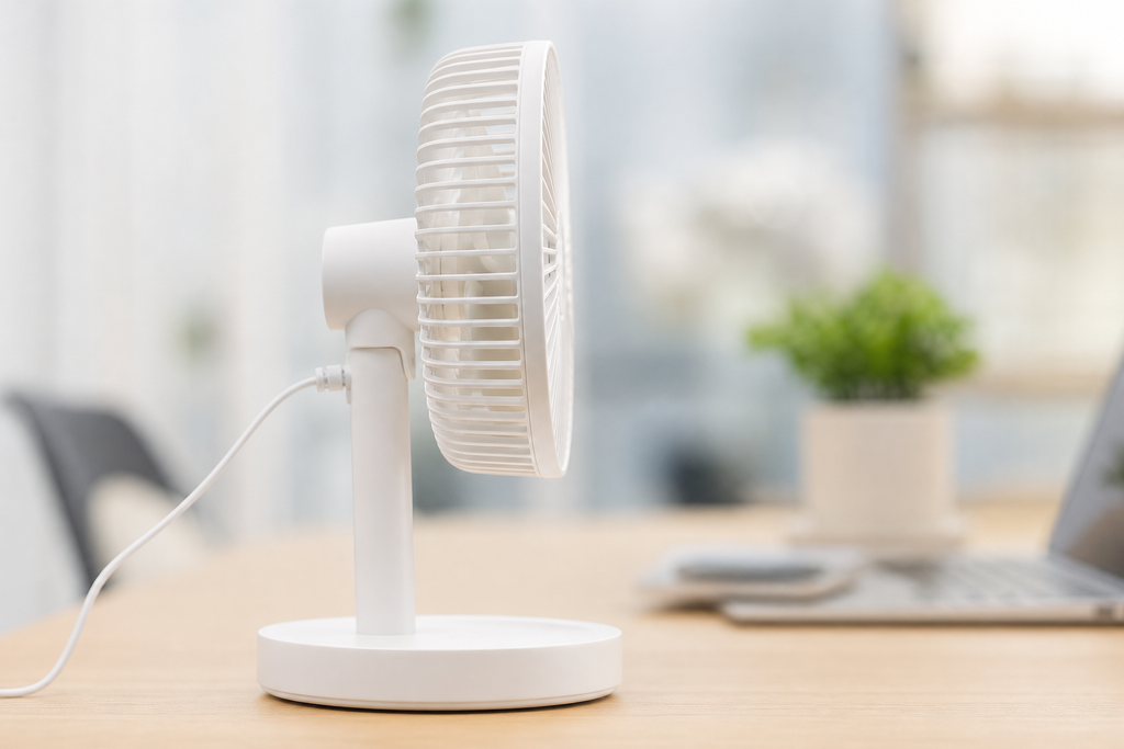 Quiet slim desk fan side profile close-up